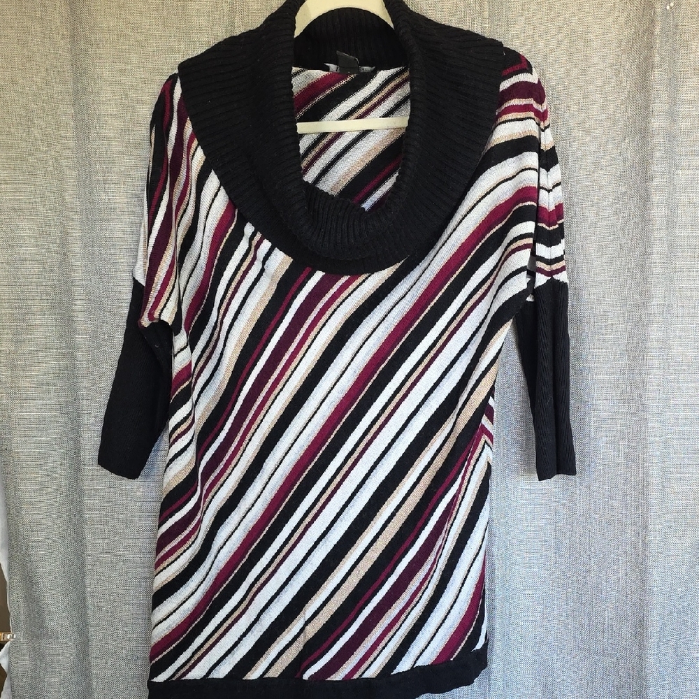 White House Black Market Striped Cowl Neck Sweater - Black, White, Red size L